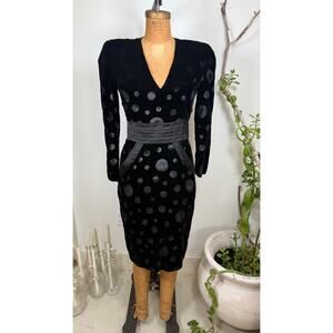 Vintage Velvet Polka Dot Dress Black Deep V Neck Party Cocktail Dress Retro